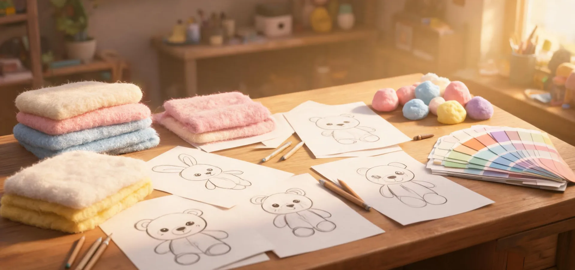 Toy design table with plush and squishy samples