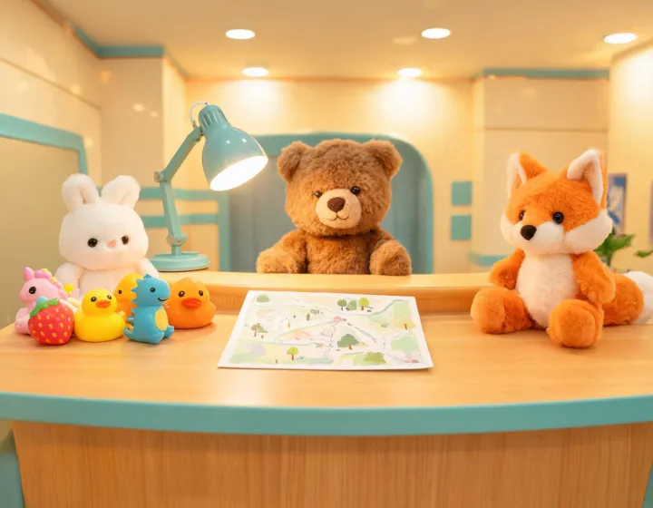 Ty contact desk with plush toys and map illustration
