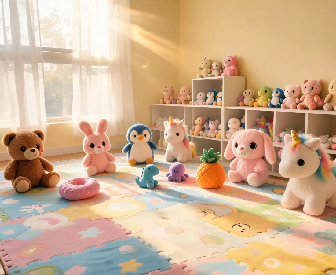 Ty plush friends and squishy toys in a bright playroom