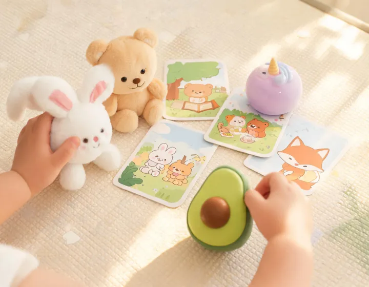 Illustrated parent-led play scene with plush toys