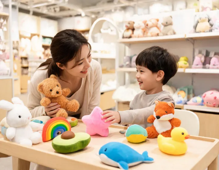 Parent and child choosing plush toys